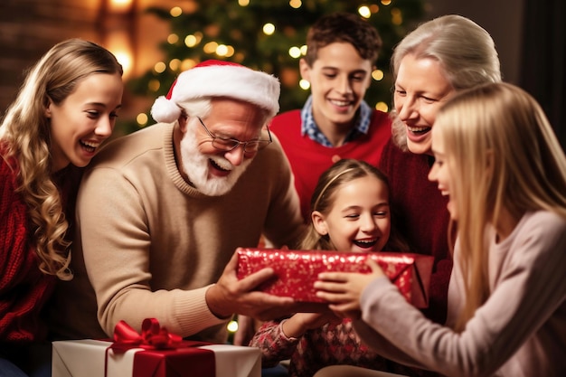 Un grupo de personas sentadas alrededor de un regalo de Navidad