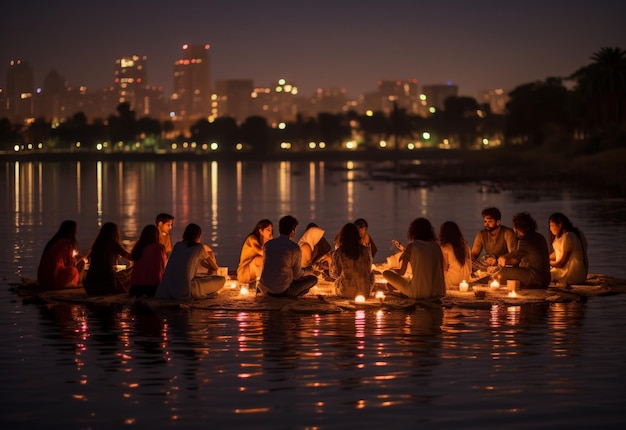 Grupo de personas sentadas en una balsa en el agua