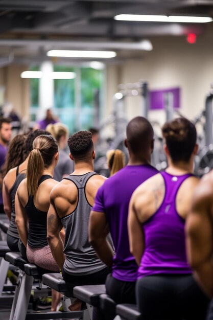 Foto un grupo de personas sentadas en bicicletas de ejercicio en un gimnasio