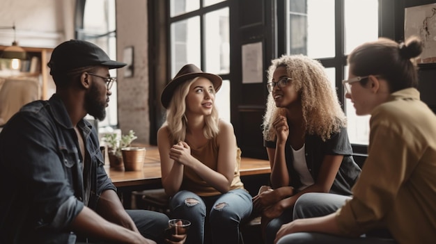 Un grupo de personas sentadas en un café hablando entre ellas