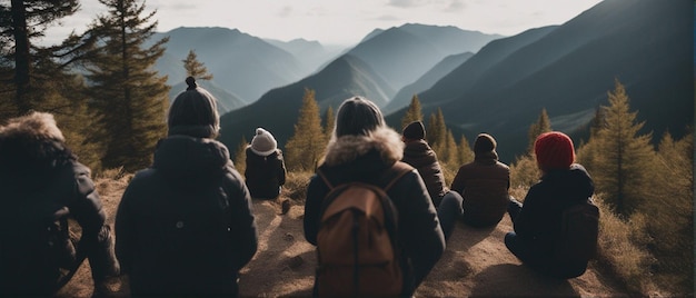 un grupo de personas sentadas en un camino de tierra con montañas al fondo.