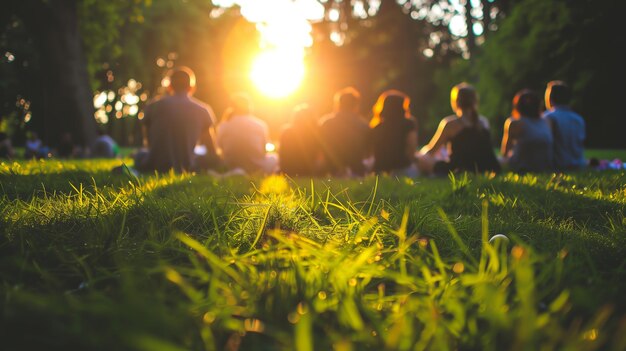 Un grupo de personas sentadas en el césped en el parque disfrutando de actividades al aire libre juntos al atardecer