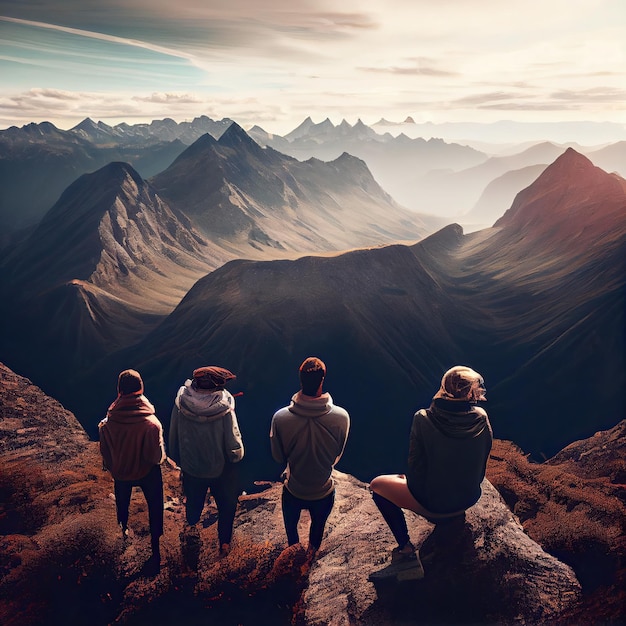 Un grupo de personas sentadas en la cima de una montaña.