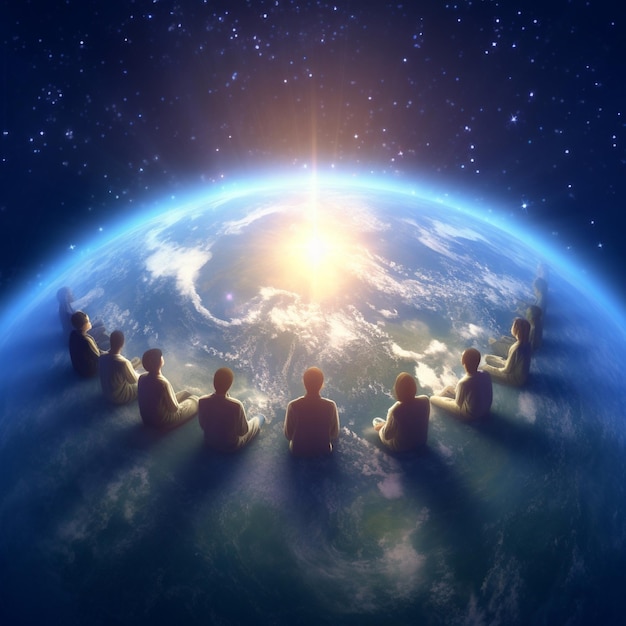 Un grupo de personas sentadas en la cima de un planeta con el sol brillando sobre ellos Día Mundial de la Población