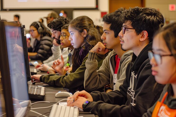 Foto un grupo de personas sentadas frente a una computadora