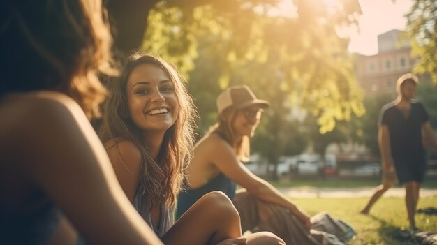 Grupo de personas sentadas en la hierba en un parque