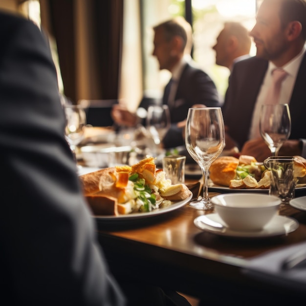 Un grupo de personas sentadas en una mesa con comida ai