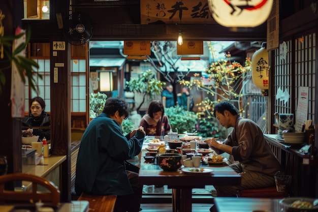 Un grupo de personas sentadas en una mesa comiendo comida