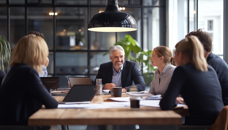 un grupo de personas sentadas en una mesa con uno de ellos vistiendo un traje
