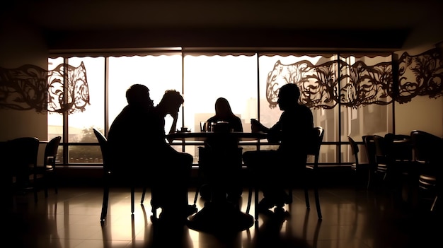 Un grupo de personas sentadas en una mesa frente a una ventana.