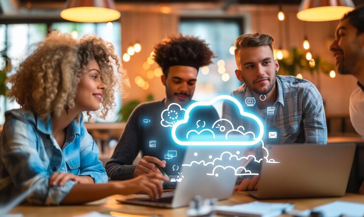 Foto un grupo de personas sentadas en una mesa con una nube en el medio de la pantalla