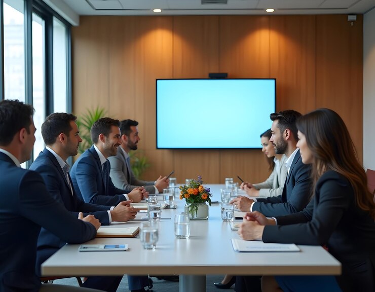 un grupo de personas sentadas en una mesa con una pantalla detrás de ellas