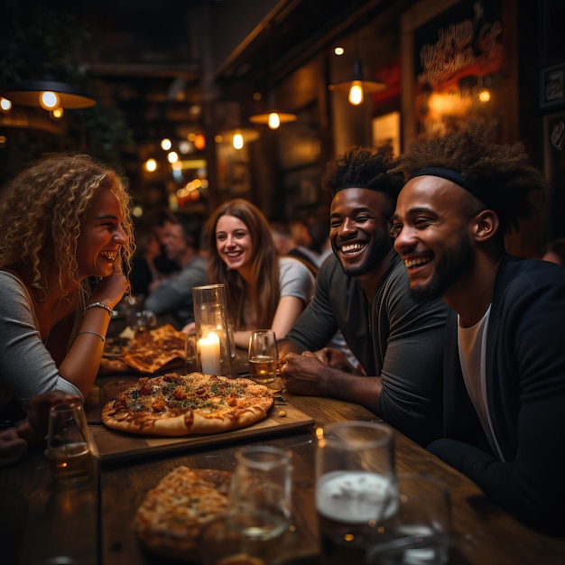 un grupo de personas sentadas en una mesa con una pizza y una vela en el medio