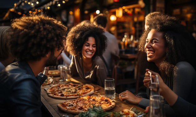 un grupo de personas sentadas en una mesa con pizzas y bebidas