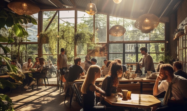 Un grupo de personas sentadas en una mesa en un restaurante