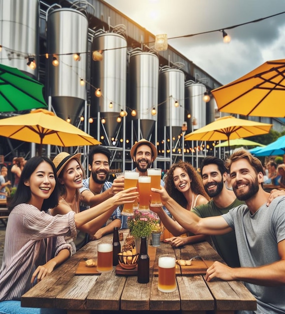 Foto un grupo de personas sentadas en una mesa con vasos de cerveza