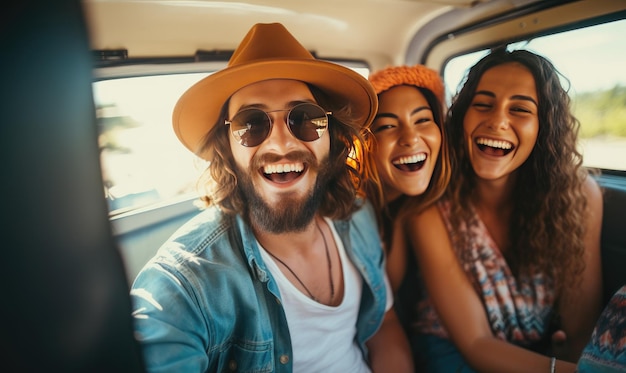 Un grupo de personas sentadas en la parte trasera de un coche