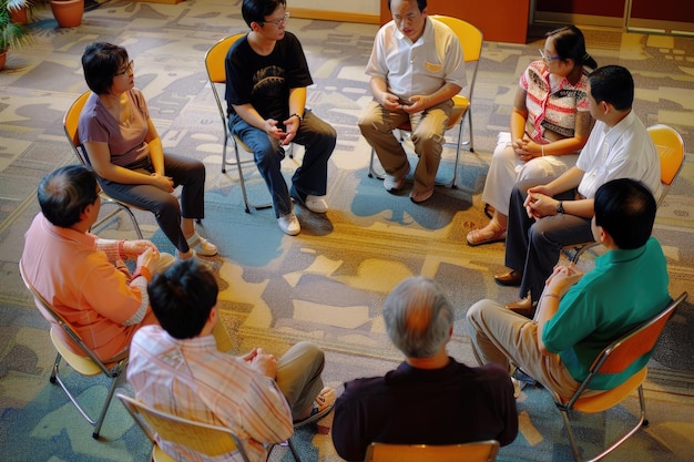 Foto un grupo de personas sentadas en sillas en un círculo