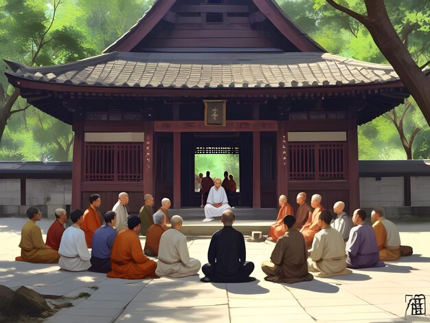 un grupo de personas sentadas en un templo con la palabra Buda en el frente