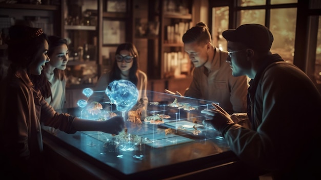 Un grupo de personas se sienta alrededor de una mesa con un globo terráqueo brillante.