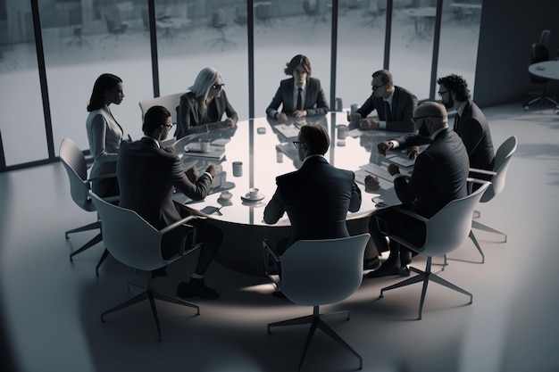 Un grupo de personas se sienta alrededor de una mesa redonda en una sala de conferencias.