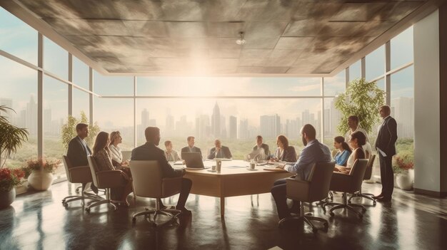 Un grupo de personas se sienta alrededor de una mesa en una sala de conferencias, con una vista de la ciudad al fondo.