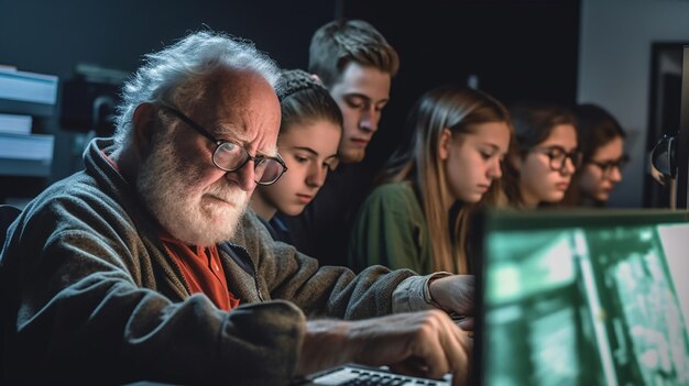 Un grupo de personas se sienta en una habitación oscura, uno de ellos está usando una computadora portátil.