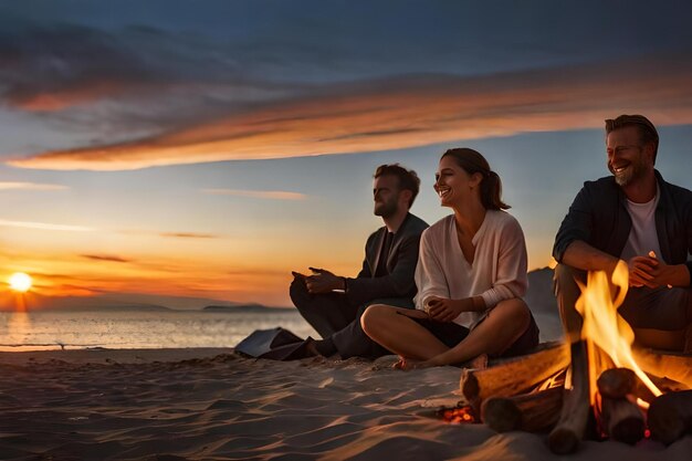 Un grupo de personas se sienta en una playa y contempla la puesta de sol.