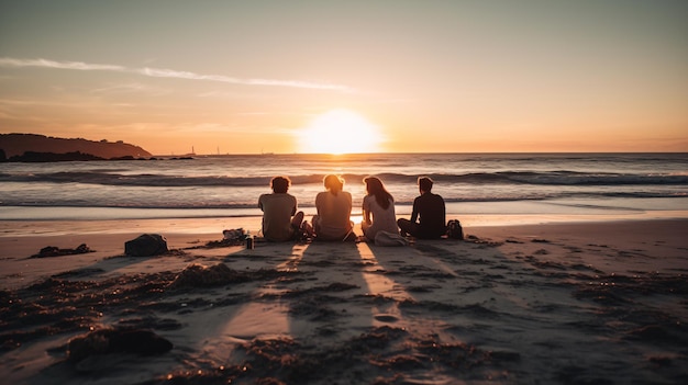 Un grupo de personas se sienta en una playa viendo la puesta de sol.