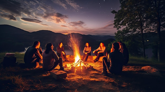 un grupo de personas se sientan alrededor de una fogata y disfrutan de una agradable noche.