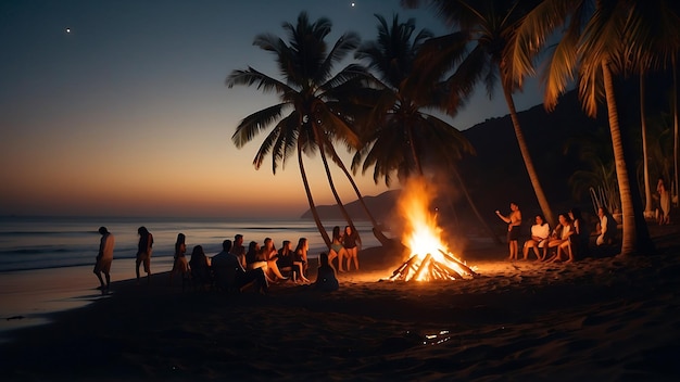 un grupo de personas se sientan alrededor de una fogata y ven la puesta de sol