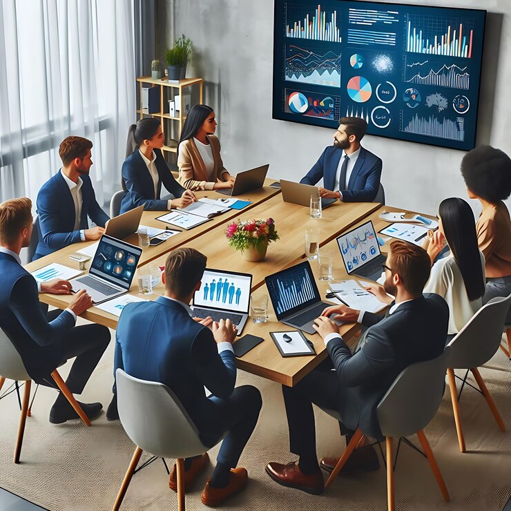 un grupo de personas se sientan alrededor de una mesa de conferencia con una gran pantalla detrás de ellos