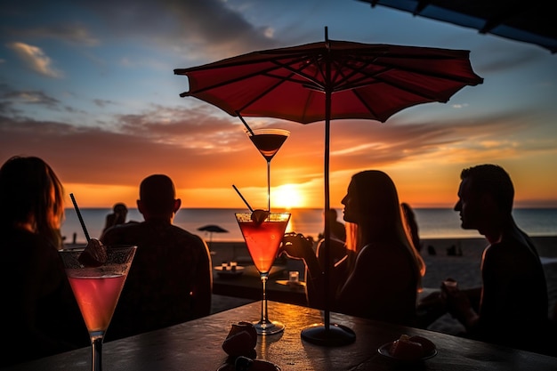 Un grupo de personas se sientan en un bar con una puesta de sol de fondo