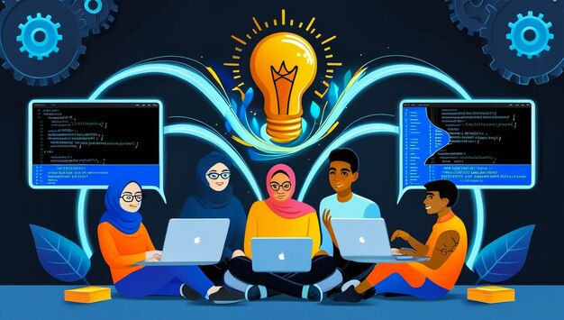 un grupo de personas se sientan con computadoras portátiles y la palabra i m en la parte inferior derecha