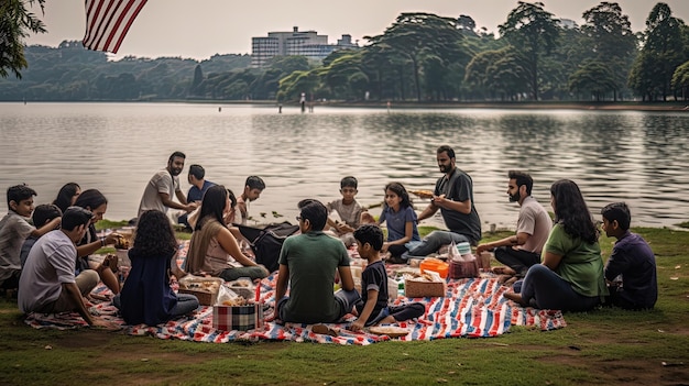 Un grupo de personas se sientan en una manta junto a un lago.