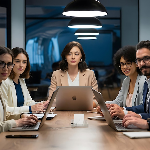 un grupo de personas se sientan en una mesa con computadoras portátiles y uno de ellos tiene una computadora portátil en ella IA generativa