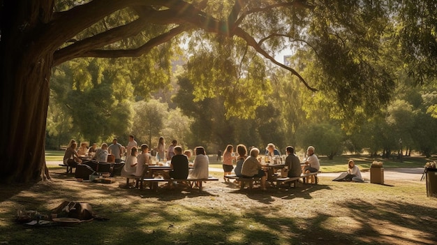 Un grupo de personas se sientan en una mesa de picnic debajo de un árbol.