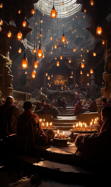 Foto un grupo de personas se sientan en una mesa con velas frente a una habitación grande con un candelabro colgando del techo