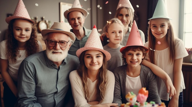 Un grupo de personas con sombreros y uno de ellos tiene una fiesta de cumpleaños de fondo.