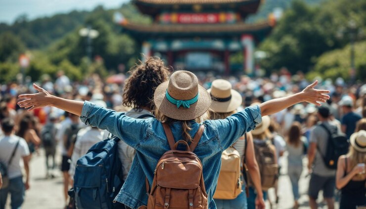 un grupo de personas con sombreros en la espalda están de pie frente a un carnaval