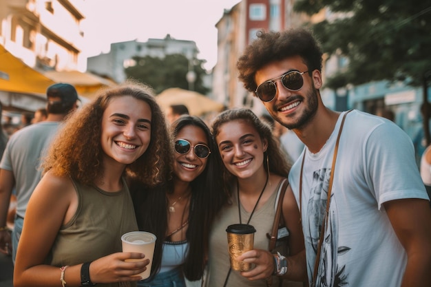 Grupo de personas sonriendo en la calle con café al atardecer de verano IA generativa