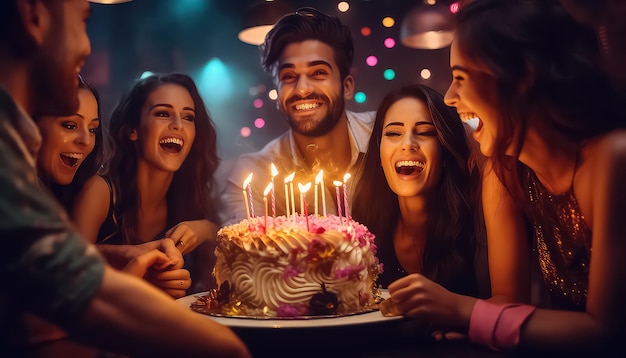 grupo de personas sonriendo detrás de un pastel en un club