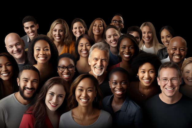 un grupo de personas sonriendo con un fondo de diferentes personas étnicas