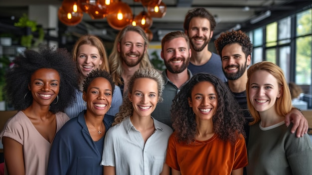 Un grupo de personas sonrientes de diferentes etnias posando para una foto