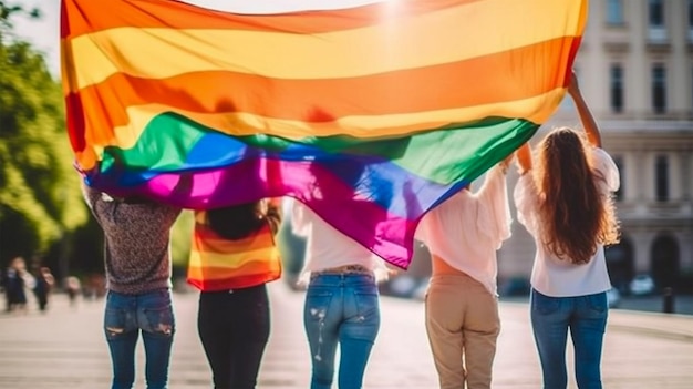 Grupo de personas sosteniendo la bandera del arco iris concepto del festival del orgullo LGBTQ Generative Ai