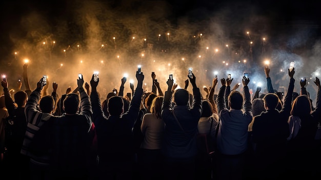 Grupo de personas sosteniendo encendedores y teléfonos móviles en un concierto multitud de siluetas de personas con las manos en alto Focos de humo de fondo oscuro Multitud en concierto Generativo Ai