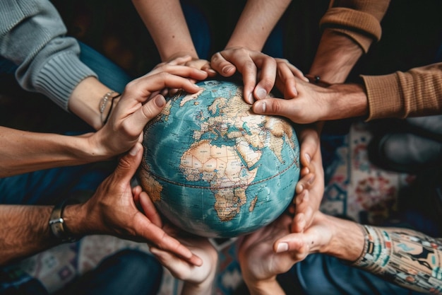 Foto un grupo de personas sosteniendo un globo con un mapa del mundo en la parte inferior