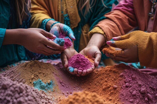 un grupo de personas sosteniendo polvo colorido en sus manos