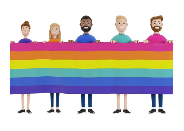 Un grupo de personas sostiene la bandera LGBT. comunidad LGTB. Un grupo de activistas gay, lesbianas, bisexuales y transgénero. Ilustración 3D en estilo de dibujos animados.