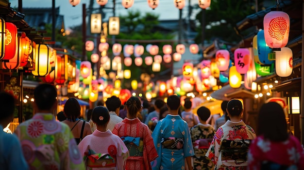 Un grupo de personas, en su mayoría mujeres, caminan por una calle por la noche, están vestidas con ropa tradicional japonesa y llevan linternas de papel.